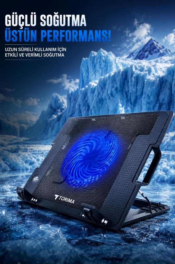 Buzlu buzul arka planında mavi LED fanlı siyah bir laptop soğutucu standı.