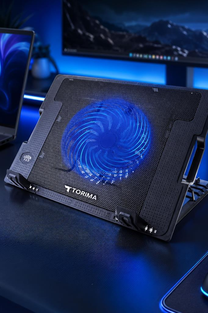 Masada parlayan mavi LED ışıklara sahip siyah bir Torima laptop soğutucu standı.
