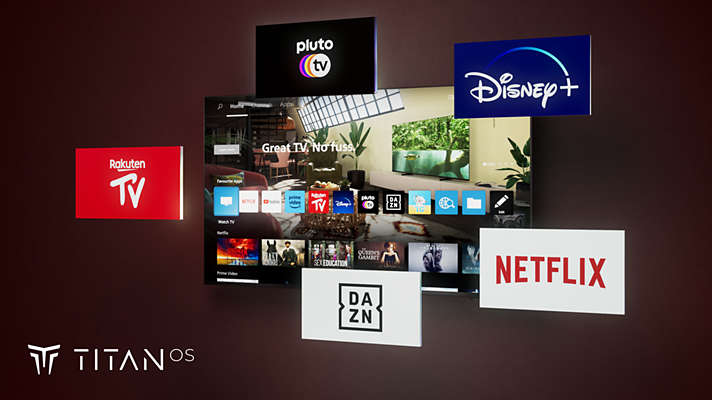 Interfejs Titan OS na telewizorze otoczony unoszacymi sie logo Rakuten TV, Pluto TV, Disney+, DAZN i Netflix.