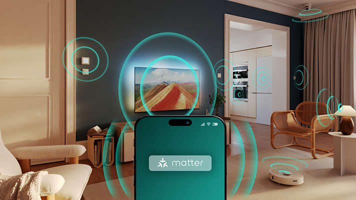 Smartfon na pierwszym planie wyświetla aplikację Matter z falami sygnału łączącymi urządzenia.