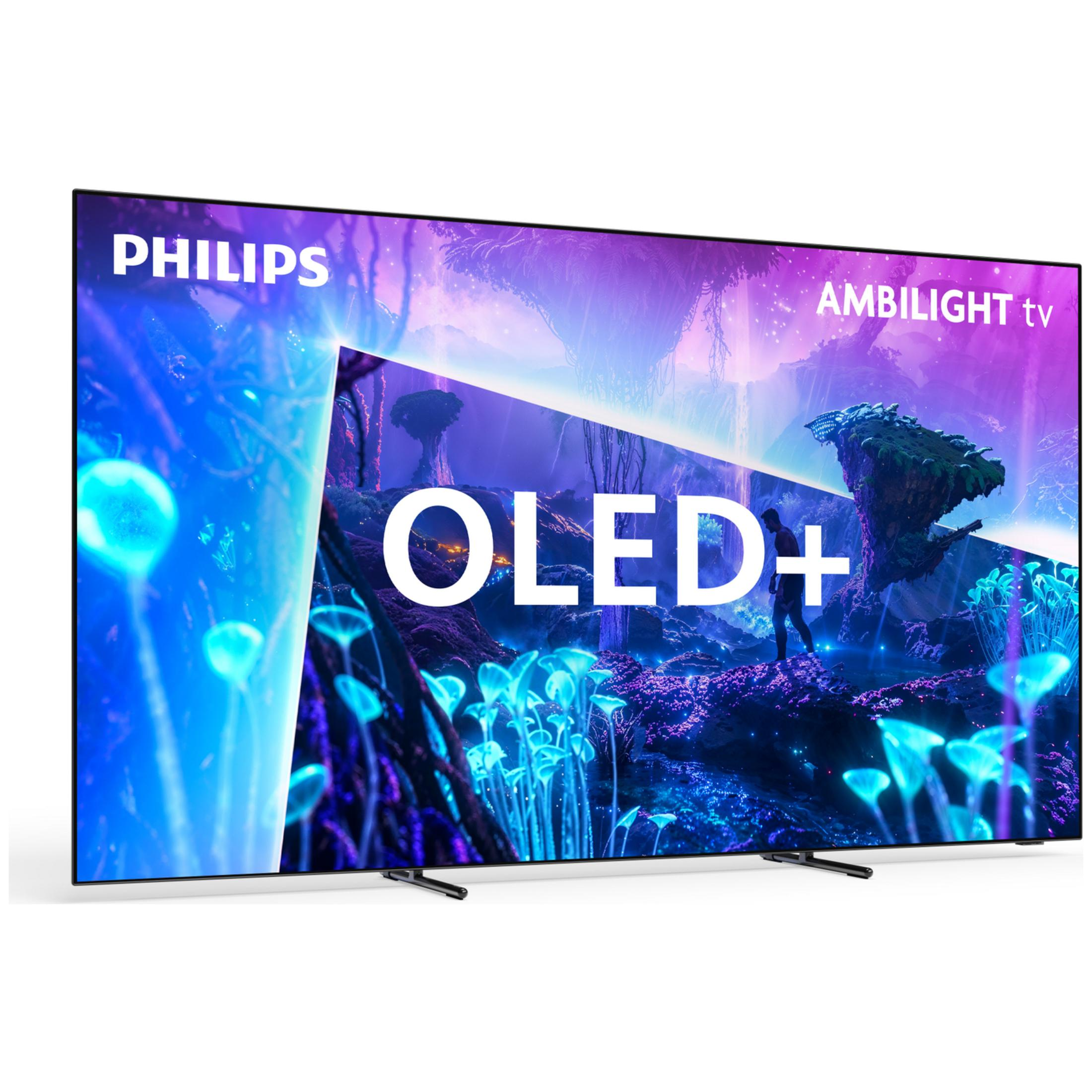 Telewizor Philips Ambilight OLED+ wyświetla kolorowy, fantastyczny krajobraz ze świecącymi roślinami.