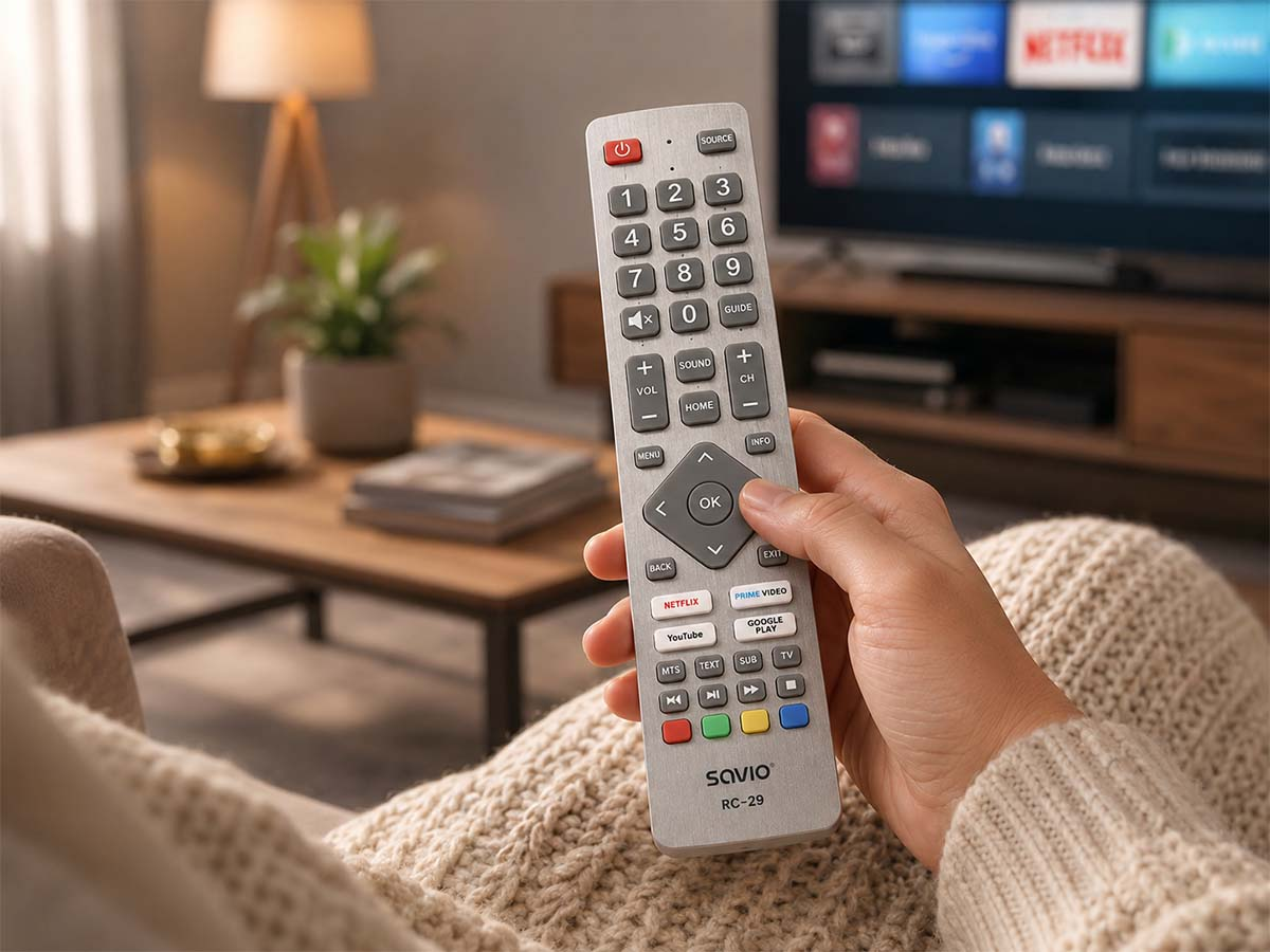 Ręka trzyma pilot przed telewizorem w salonie.