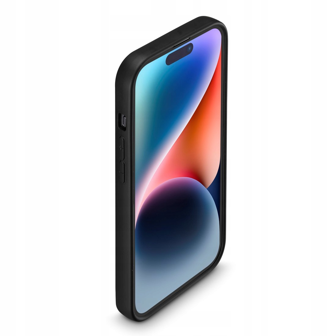Czarny smartfon w etui ochronnym stoi lekko pochylony na białym tle.