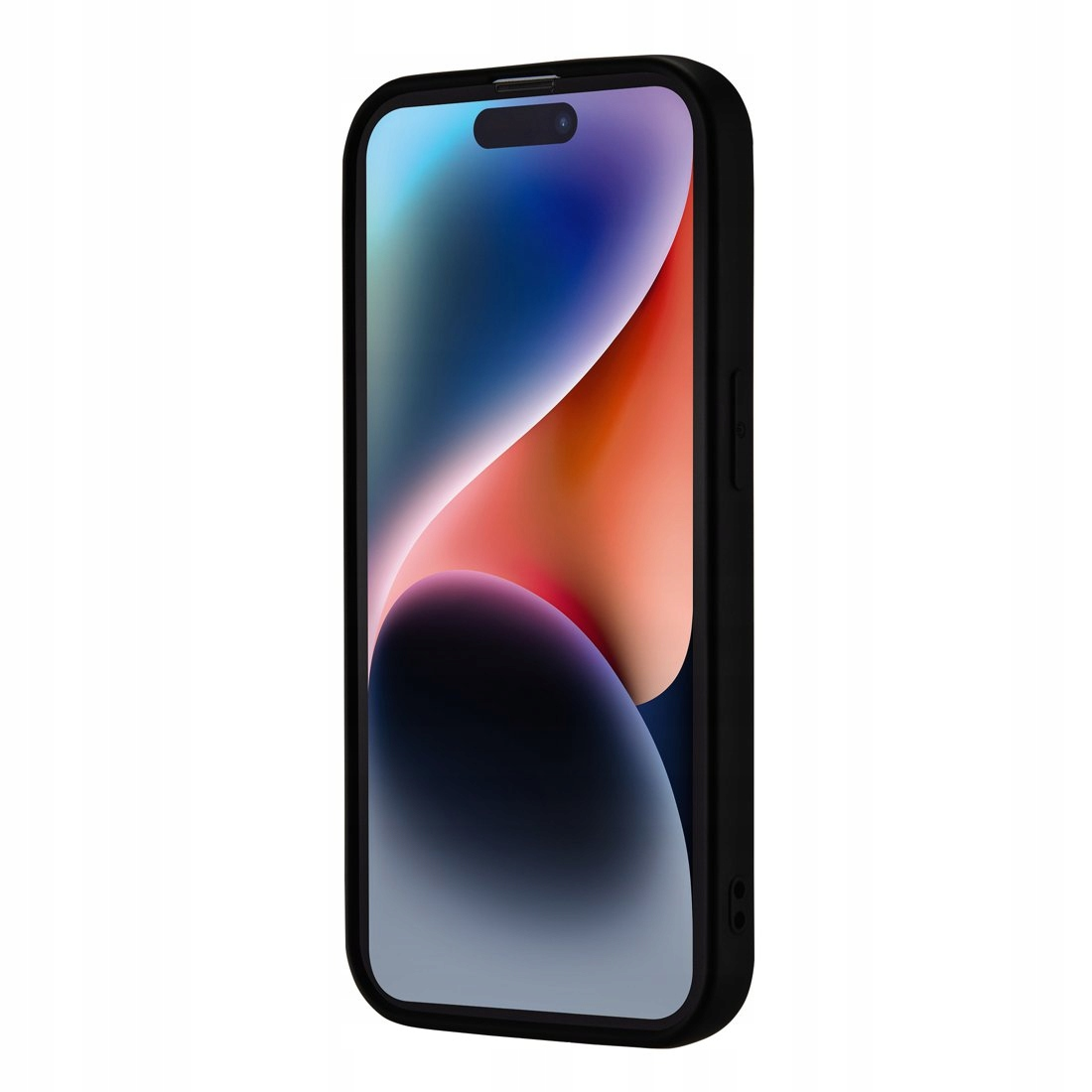 Smartfon w czarnym etui z kolorową tapetą ma ekran z wycięciem w kształcie pigułki.