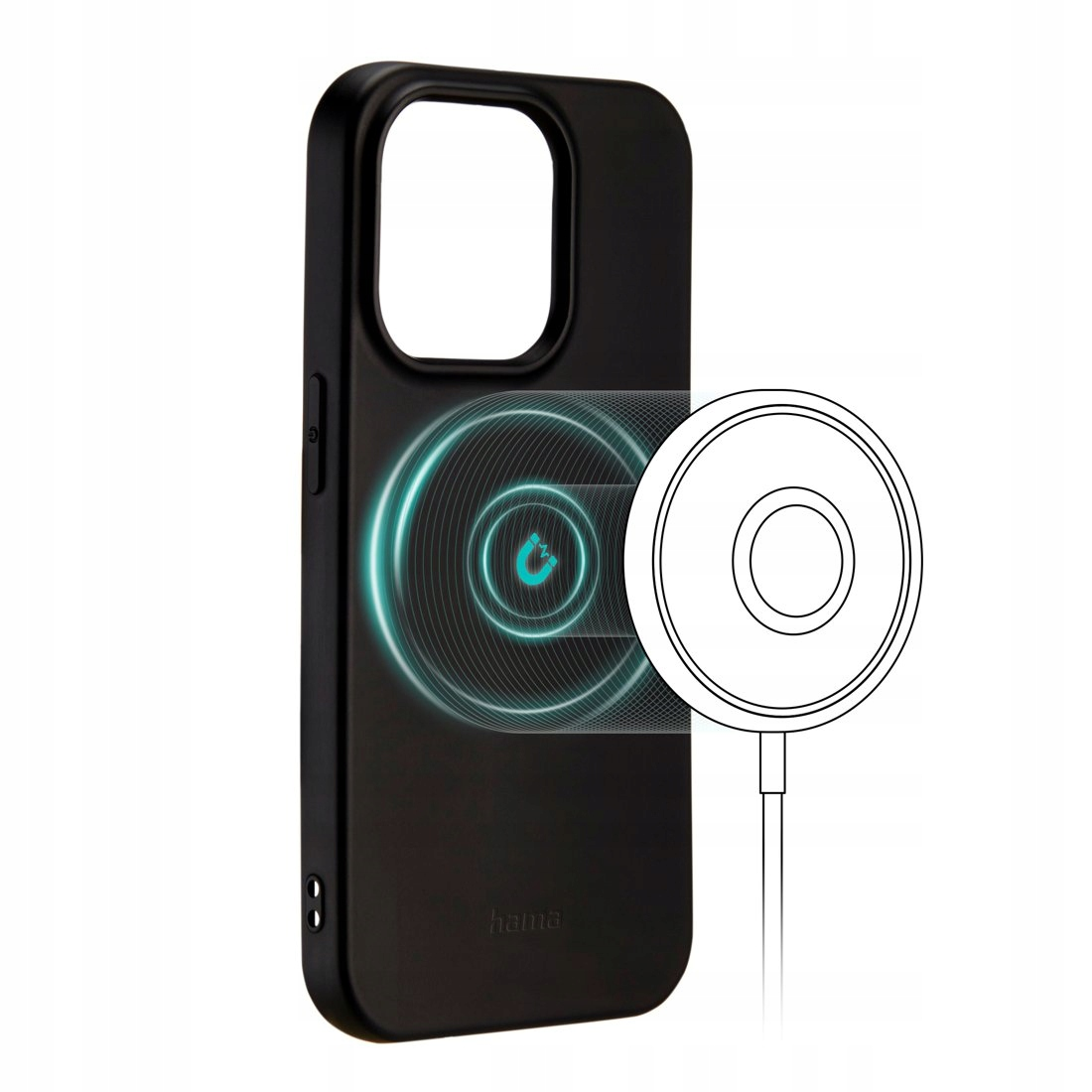 Czarne etui na telefon z magnetycznym okręgiem ładowania.