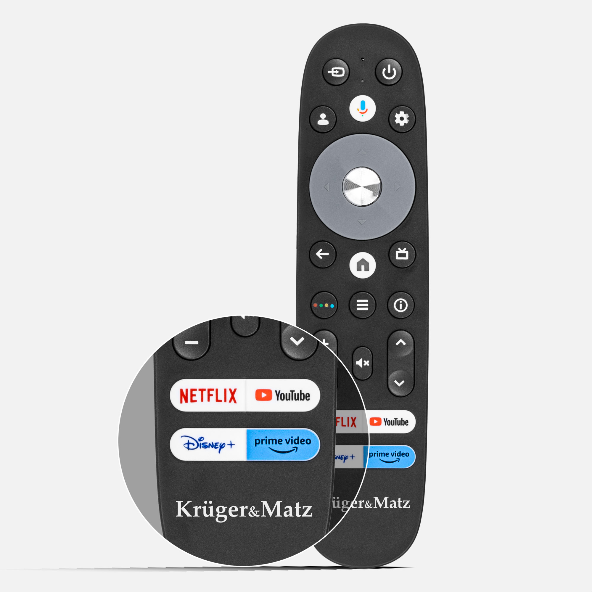 Czarny pilot z przyciskami strumieniowymi dla Netflix, YouTube, Disney+ i Prime Video.