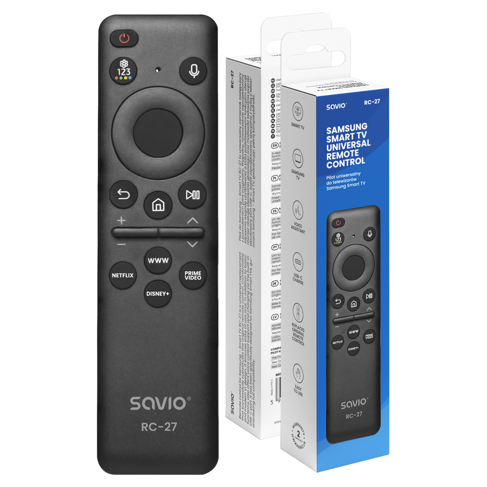Czarny pilot do telewizora Samsung Smart TV Savio RC-27 z pasującym niebiesko-białym opakowaniem.