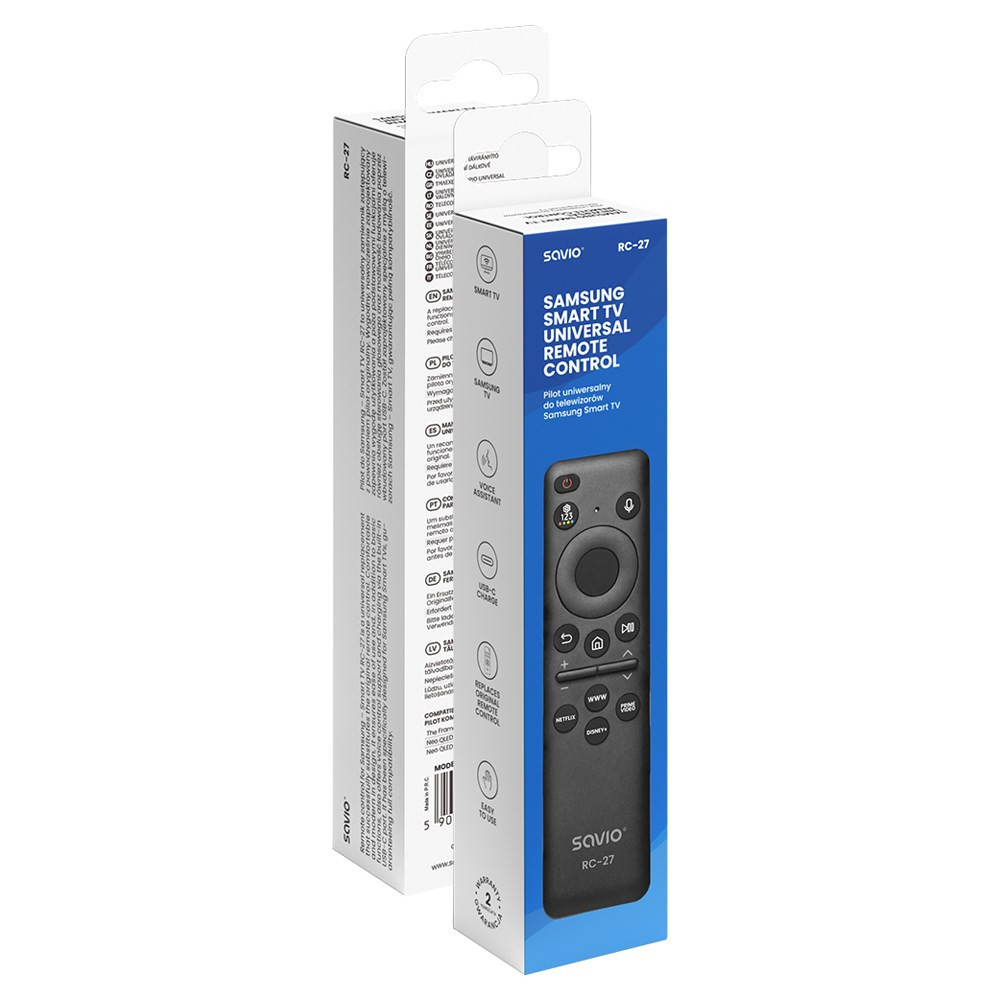 Biało-niebieskie pudełko produktu uniwersalnego pilota Savio RC-27 do telewizorów Samsung Smart TV.