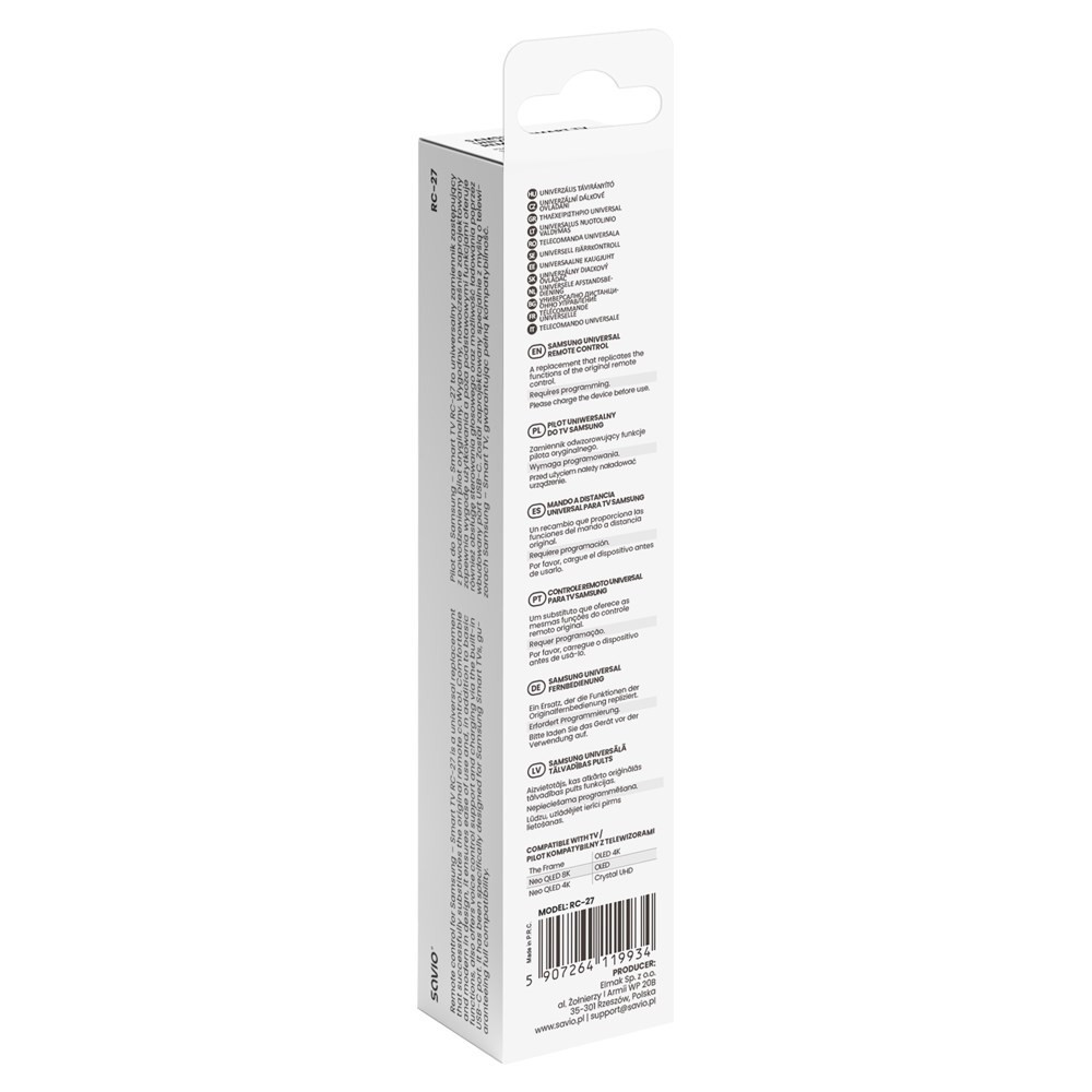 Tylna strona białego opakowania uniwersalnego pilota Samsung z informacjami o produkcie i kodem kreskowym.