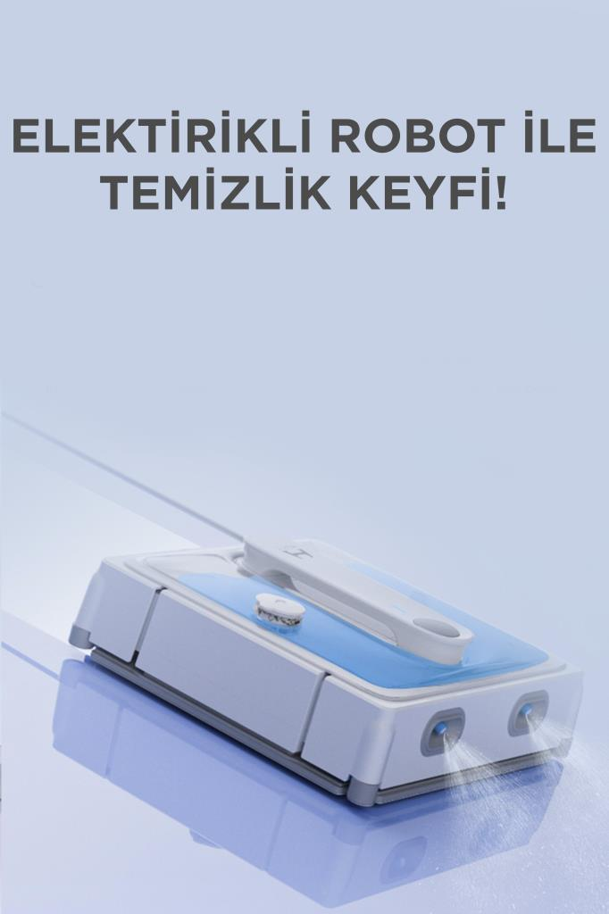 Beyaz ve mavi cam temizleme robotu su püskürterek cam yüzeyi temizliyor.