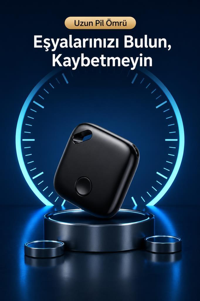 Mavi saat kadranı ve Türkçe yazılı arka planda, kaide üzerinde küçük siyah bir GPS takip cihazı.