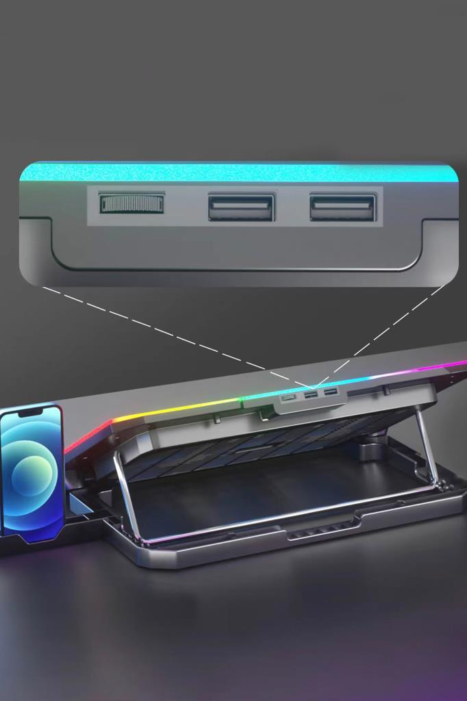 RGB aydınlatmalı, USB bağlantı noktalı ve akıllı telefon tutuculu yükseltilmiş gri dizüstü bilgisayar standı.