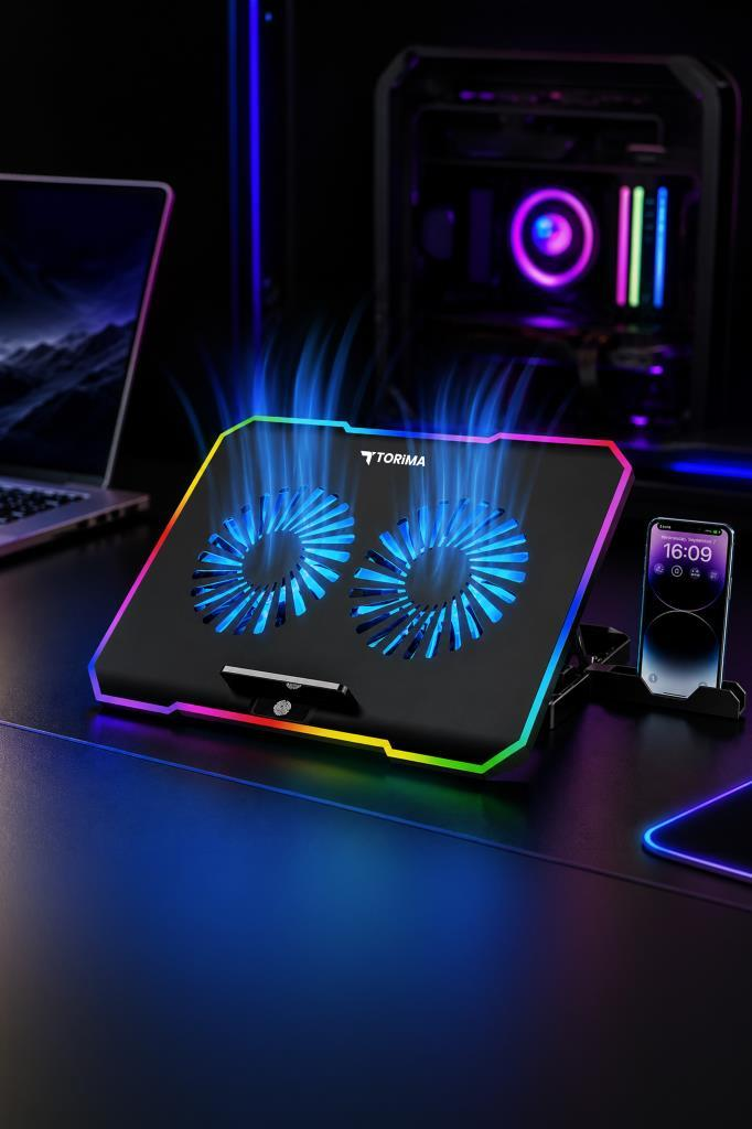 İki fanlı, RGB aydınlatmalı ve mavi soğutma efektli siyah laptop soğutucusu.