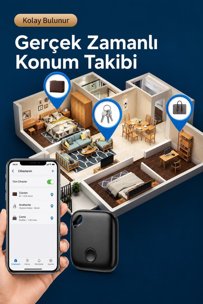 Bir dairedeki anahtar ve cüzdan gibi günlük eşyalar için gerçek zamanlı konum takip uygulaması.