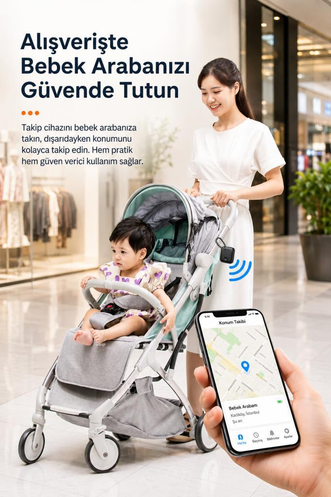 Bir kadın alışveriş merkezinde bebek arabasını iterken, akıllı telefon konum gösteriyor.