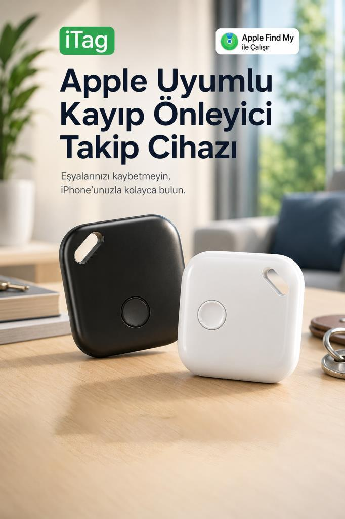 Apple uyumlu takip cihazı olarak reklamı yapılan siyah ve beyaz iTag takip cihazları ahşap masada duruyor.