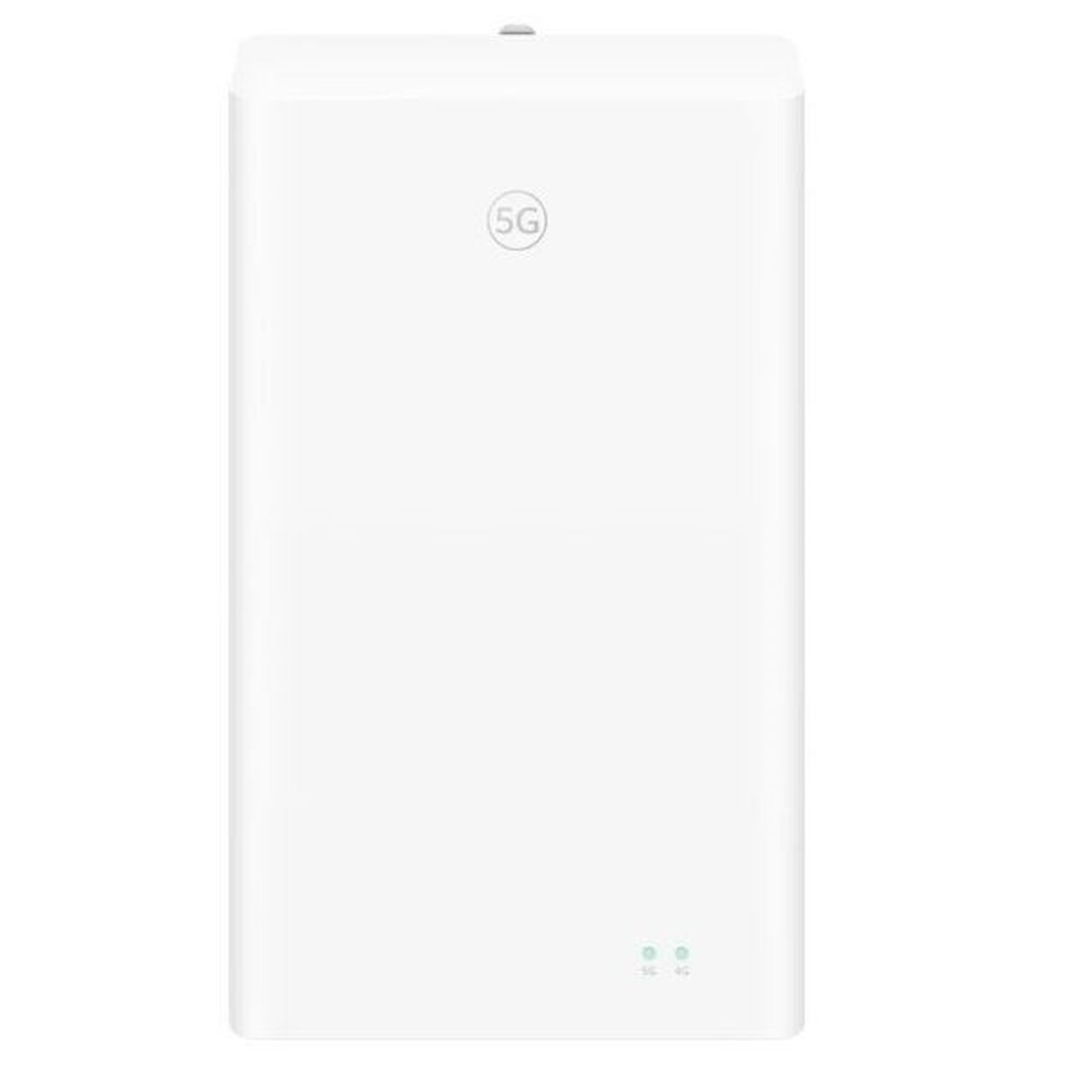 Biały router 5G z dwiema zielonymi diodami LED stanu w prawym dolnym rogu na białym tle.