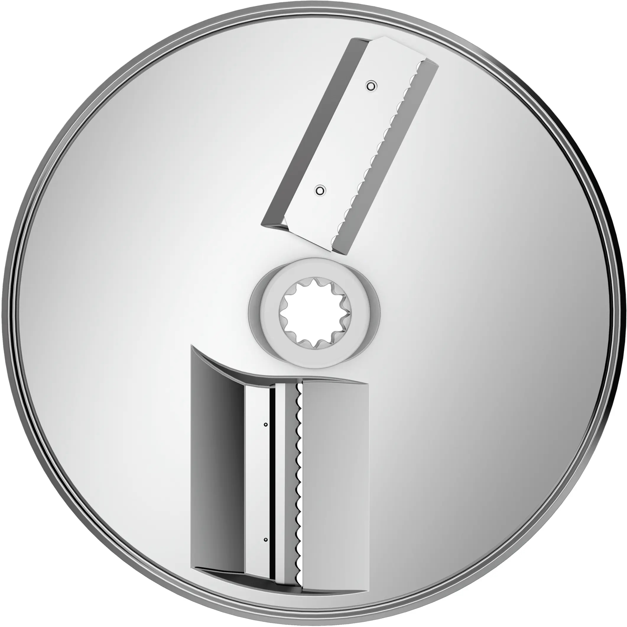 Disco per robot da cucina in acciaio inossidabile con due lame e un'apertura centrale.