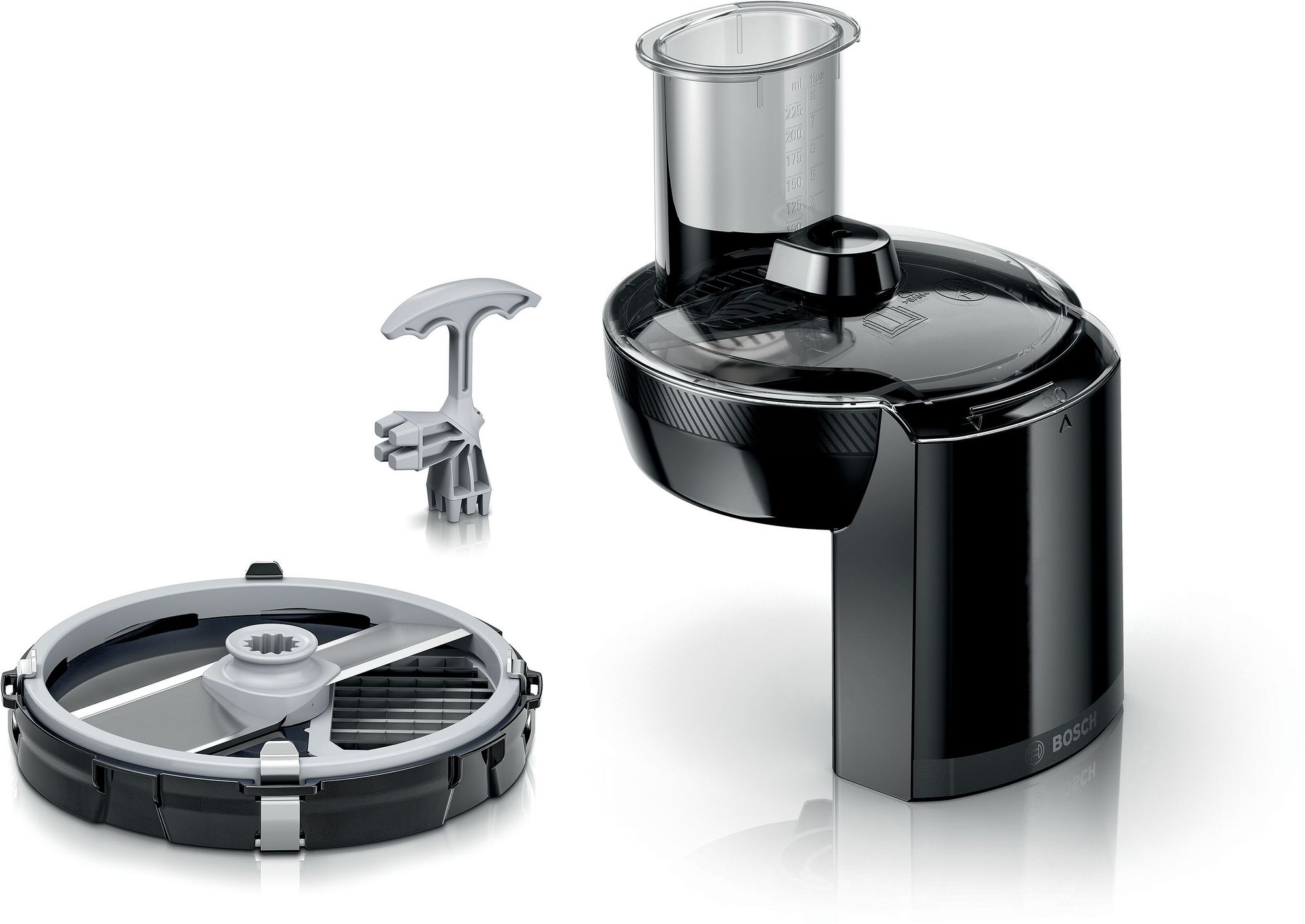 Robot da cucina Bosch nero con accessori e disco su sfondo bianco.