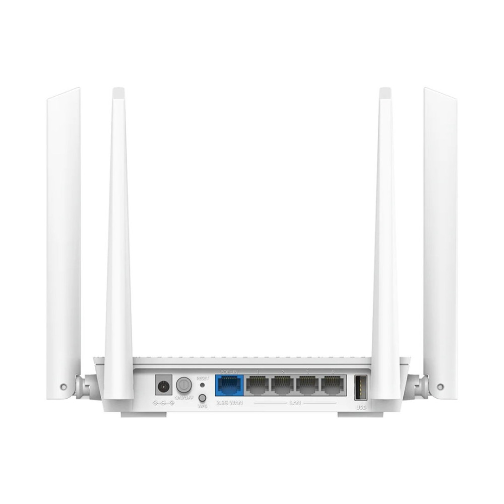 Widok z tyłu białego routera z czterema antenami i różnymi portami, takimi jak LAN, WAN i USB.
