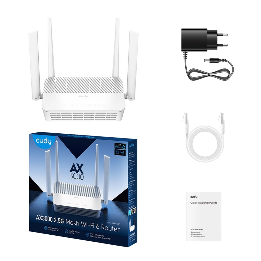 Biały router Cudy Wi-Fi 6 z czterema antenami, zasilaczem, kablem ethernet, instrukcją i niebieskim pudełkiem.