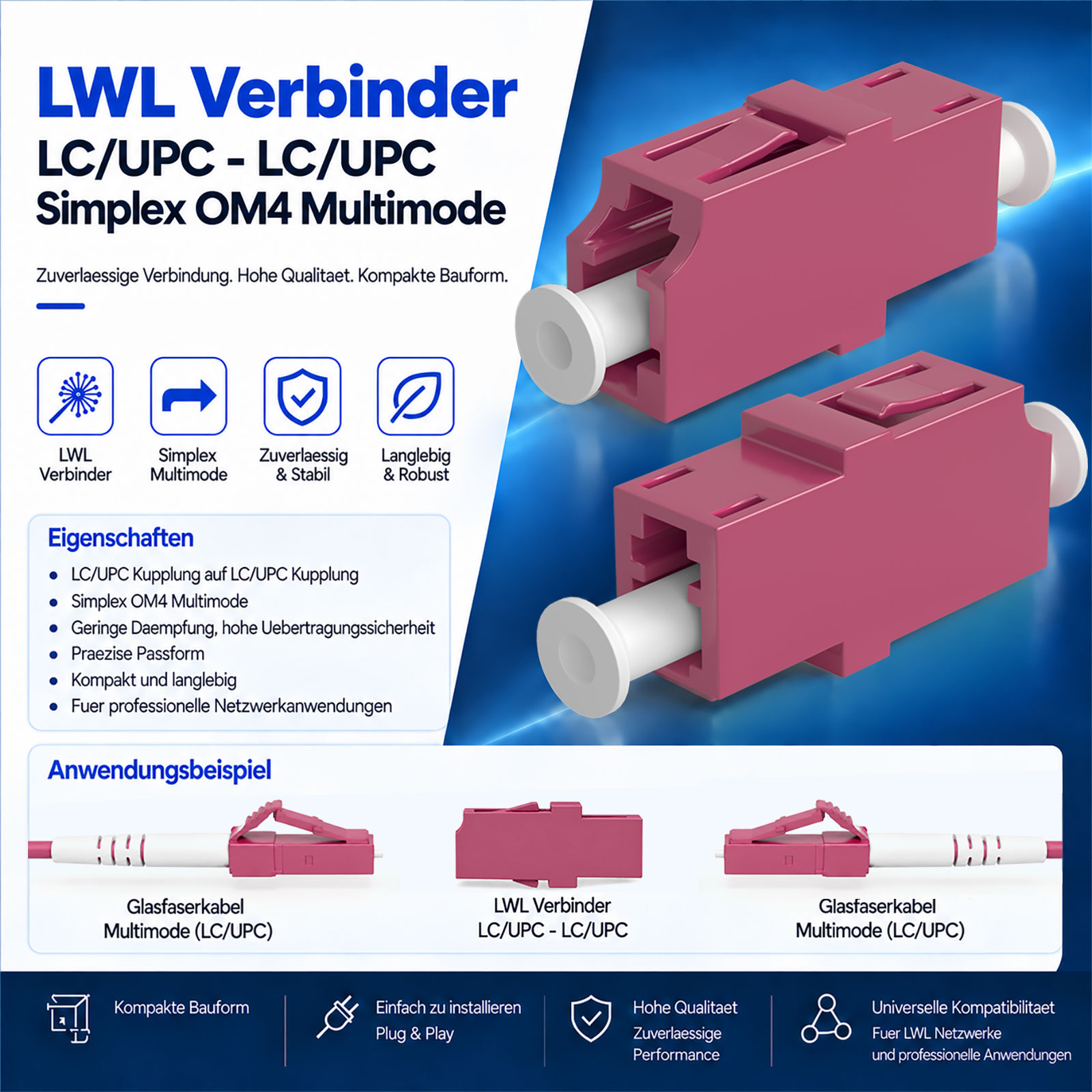 LWL-Verbinder LC/UPC Simplex OM4 Multimode mit deutscher Beschriftung und Eigenschaften.