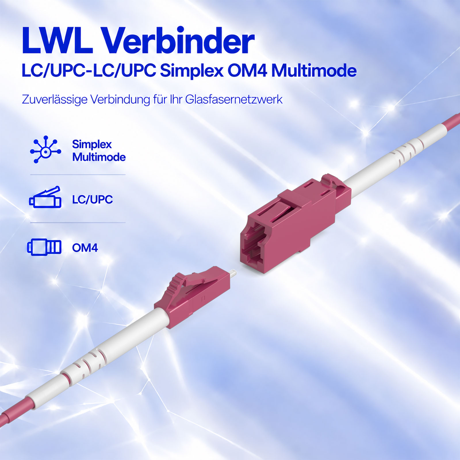 LWL Verbinder LC/UPC Simplex OM4 Multimode vor blauem Hintergrund.