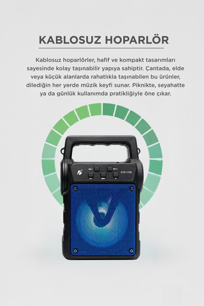 Mavi ışıklı ızgaraya sahip siyah kablosuz hoparlör, yeşil daire grafik ve metin önünde duruyor.