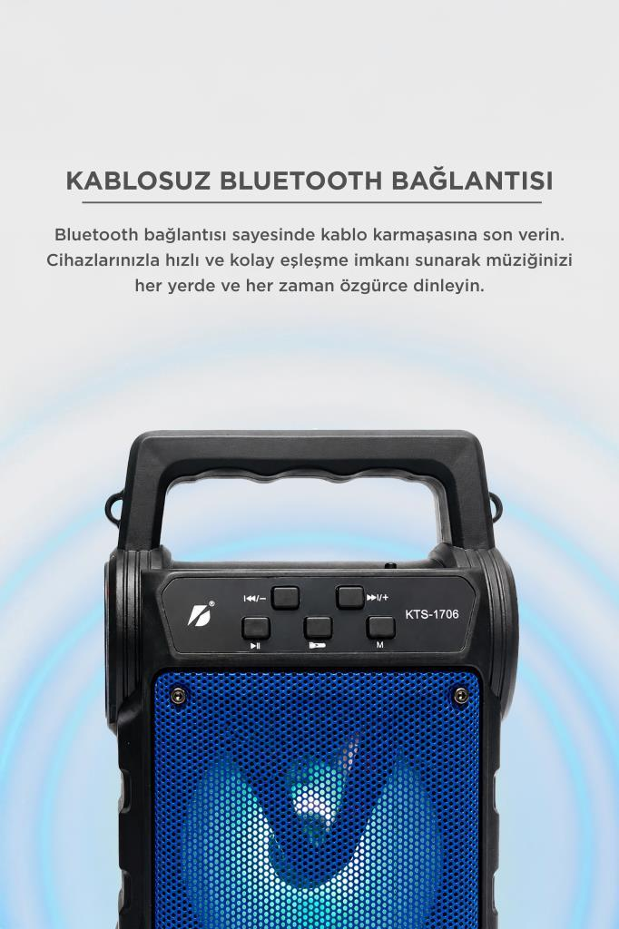 Mavi ızgaralı ve Türkçe tanıtım yazılı siyah Bluetooth hoparlör.