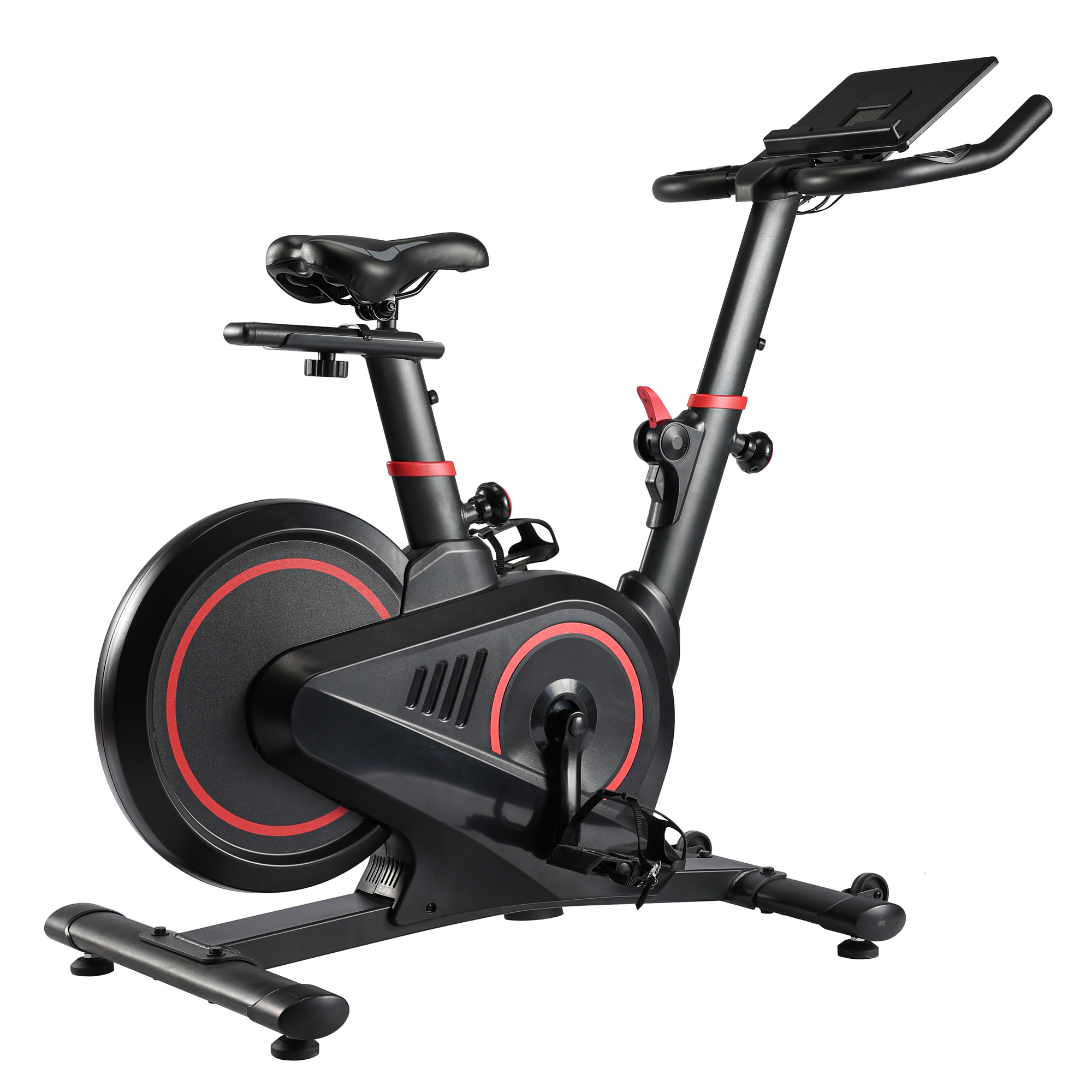 Una bicicleta estática negra con detalles rojos, un asiento, pedales y una pantalla en la parte superior.