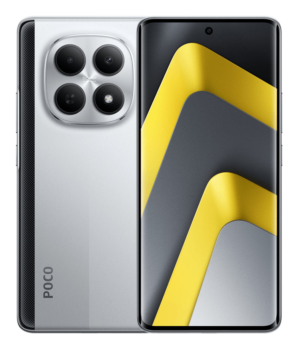 Silbernes Poco-Smartphone mit abstraktem Wallpaper vorne und Vierfachkamera hinten.