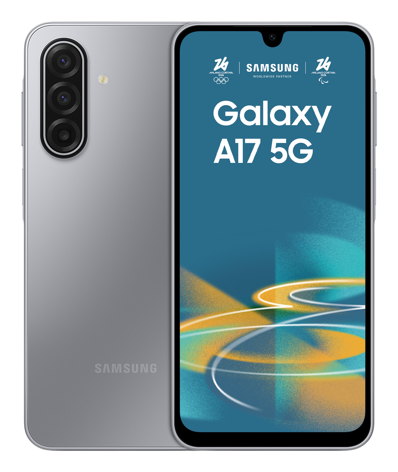 Srebrny smartfon Samsung Galaxy A17 5G, przód i tył z potrójnym aparatem i ekranem promocyjnym.