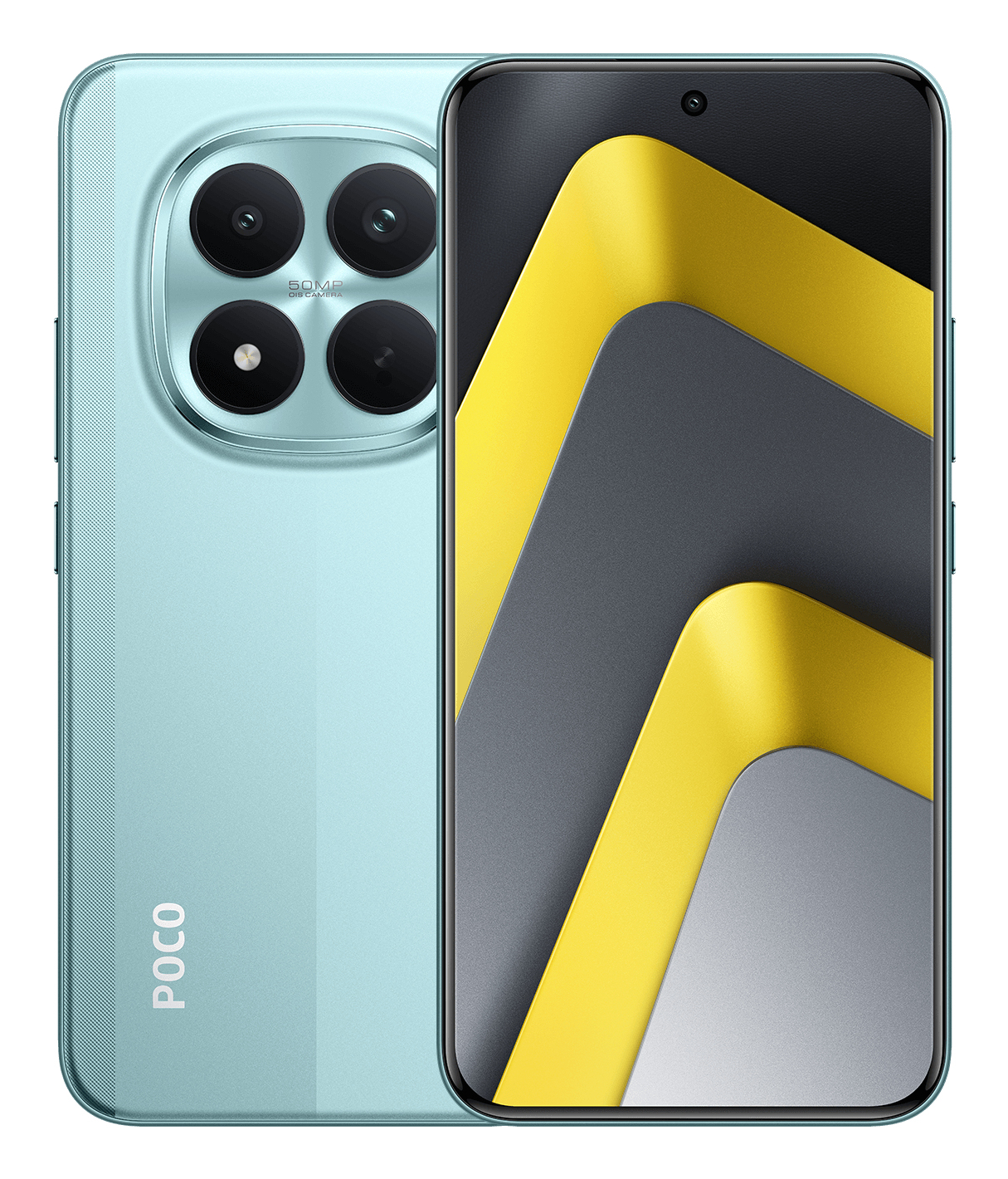 Smartphone Poco azzurro, vista frontale e posteriore con modulo fotocamera quadrato.