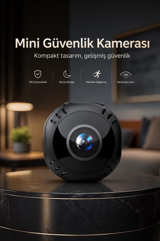 Koyu renkli bir masa üzerinde siyah mini güvenlik kamerası, üstte Türkçe metin ve özellik ikonları.