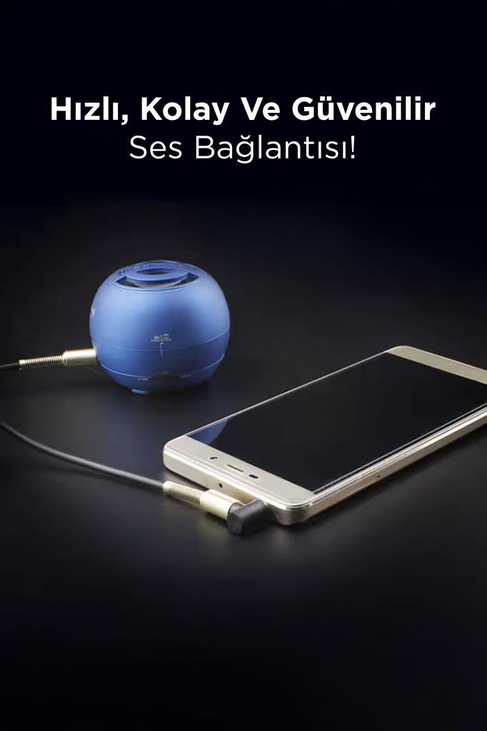 Siyah arka plan önünde bir akıllı telefona kabloyla bağlı mavi küre şeklinde bir hoparlör.