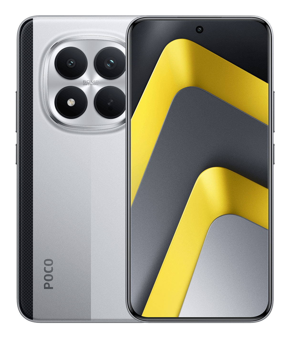 Smartphone POCO argento con quattro fotocamere sul retro e schermo nero e giallo.