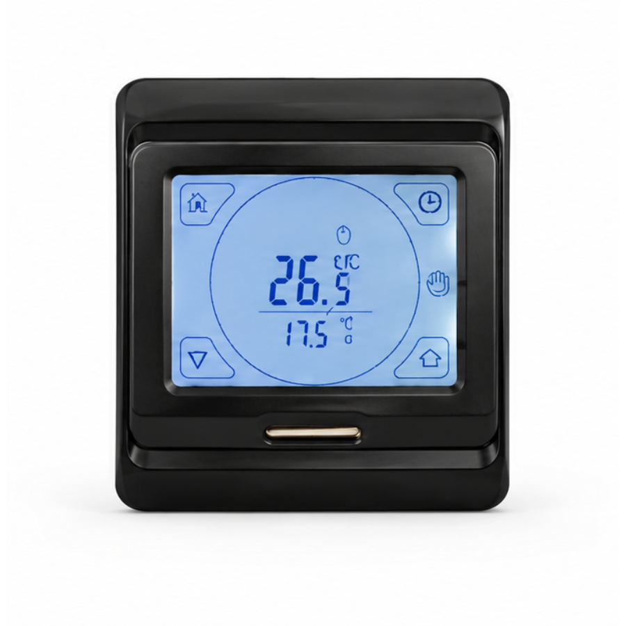 Ein schwarzes digitales Thermostat mit blauem beleuchteten Bildschirm, das eine Temperatur von 26.5 Grad anzeigt.