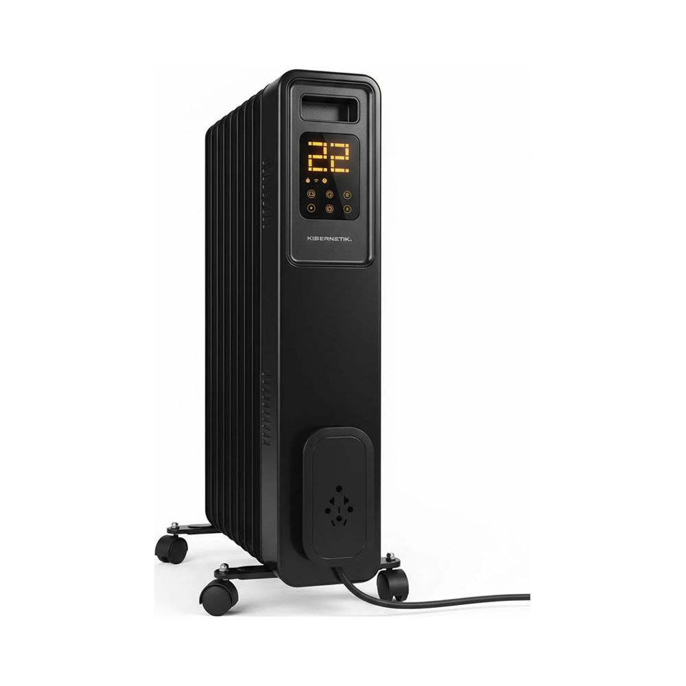 Ein schwarzer Ölradiator mit Digitaldisplay und Rollen auf weißem Hintergrund.