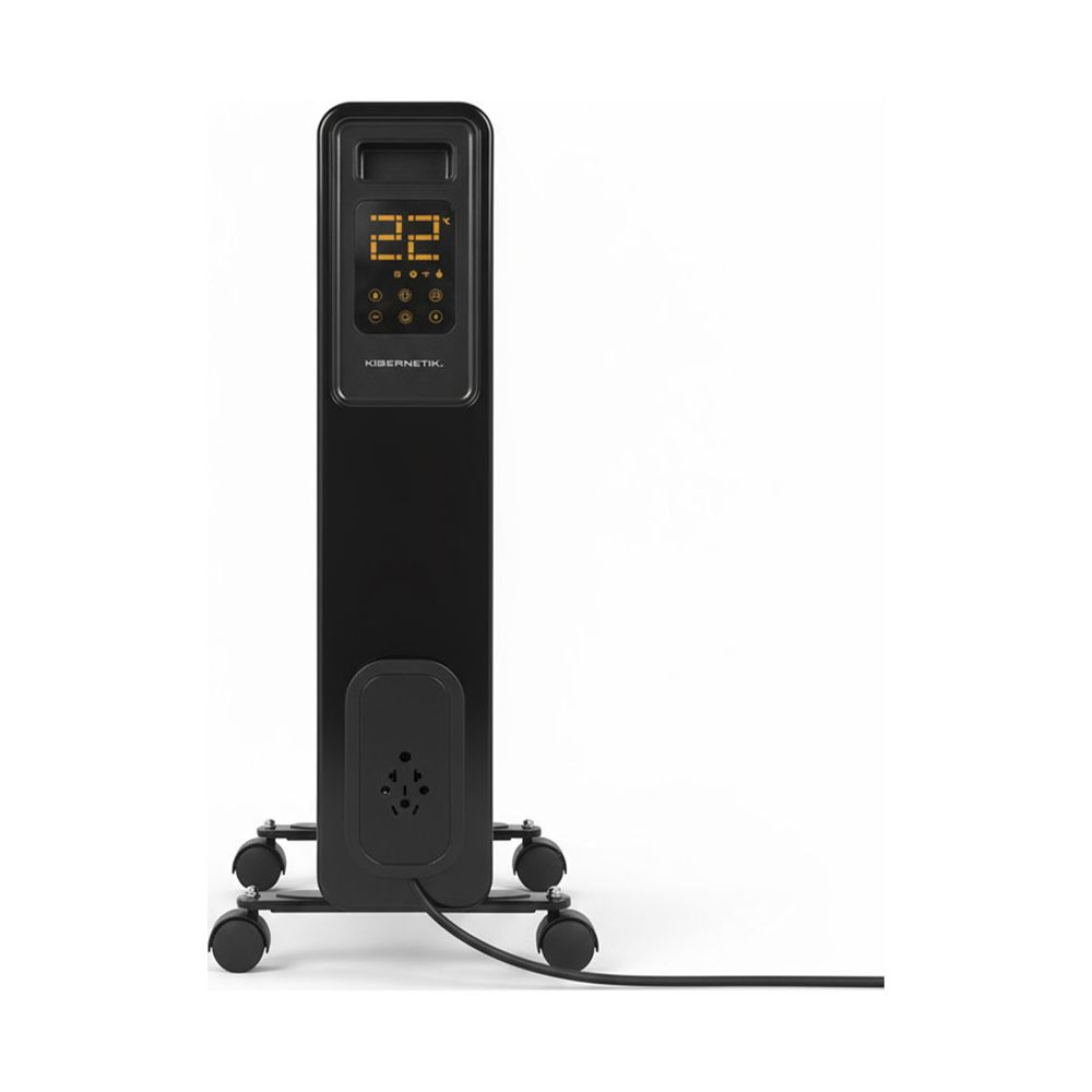 Schwarzer, schlanker Radiator auf Rädern mit digitalem Display und Kabel auf weißem Hintergrund.