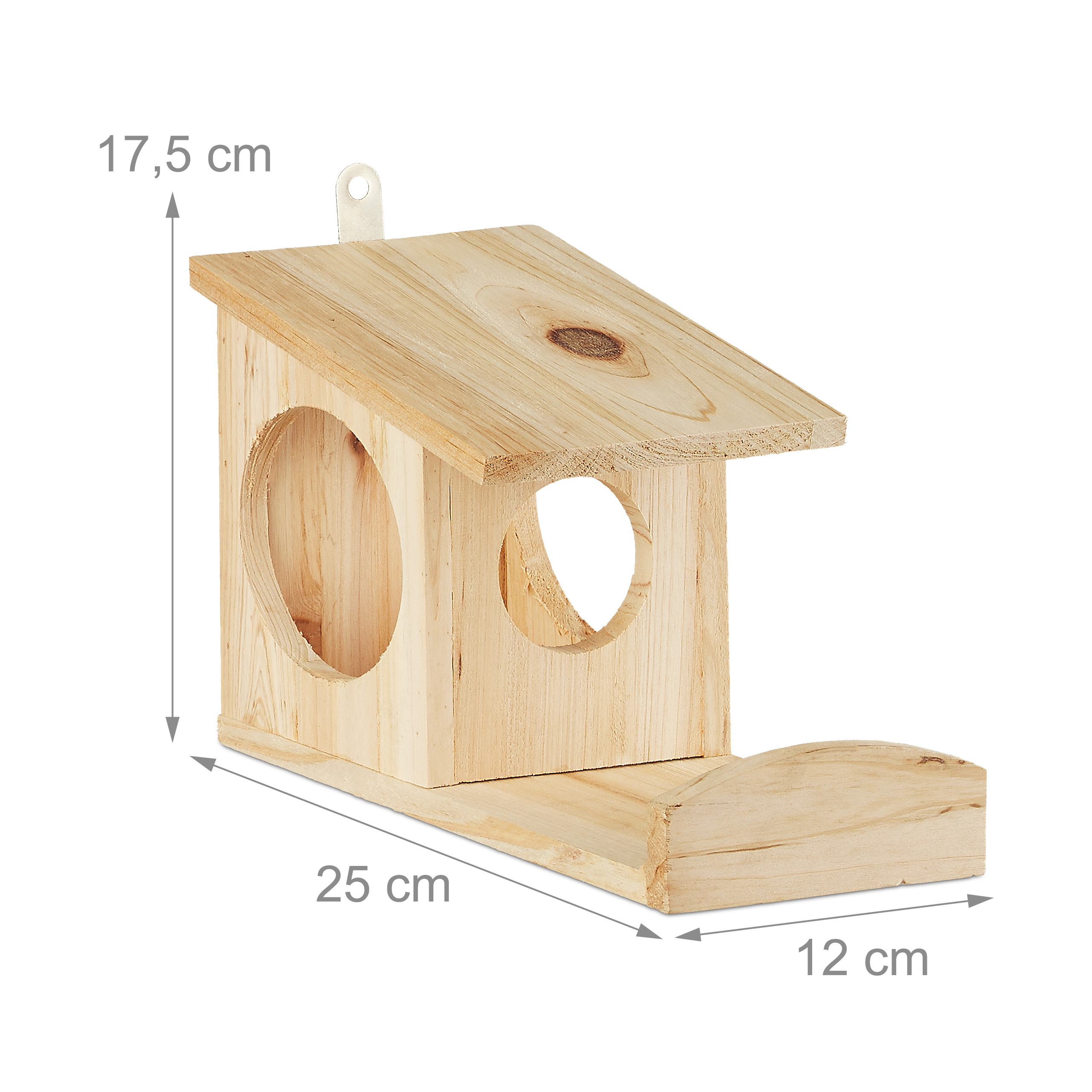 Ein hölzernes Vogelhaus mit Maßen: 17,5 cm Höhe, 25 cm Länge, 12 cm Breite.