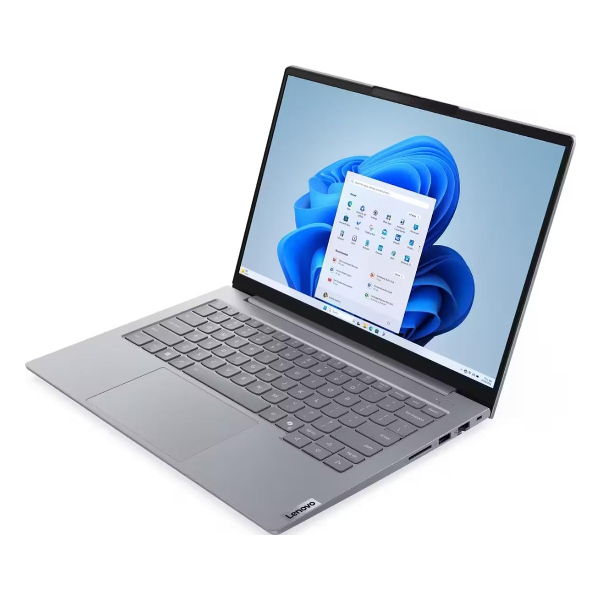 Ein silberner Lenovo Laptop mit blauem abstrakten Hintergrundbild und offenem Startmenü vor weißem Hintergrund.