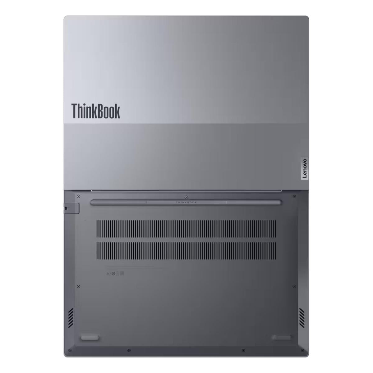 Oberseite eines geschlossenen ThinkBook-Laptops in Silber mit sichtbarem Logo und Unterseite.