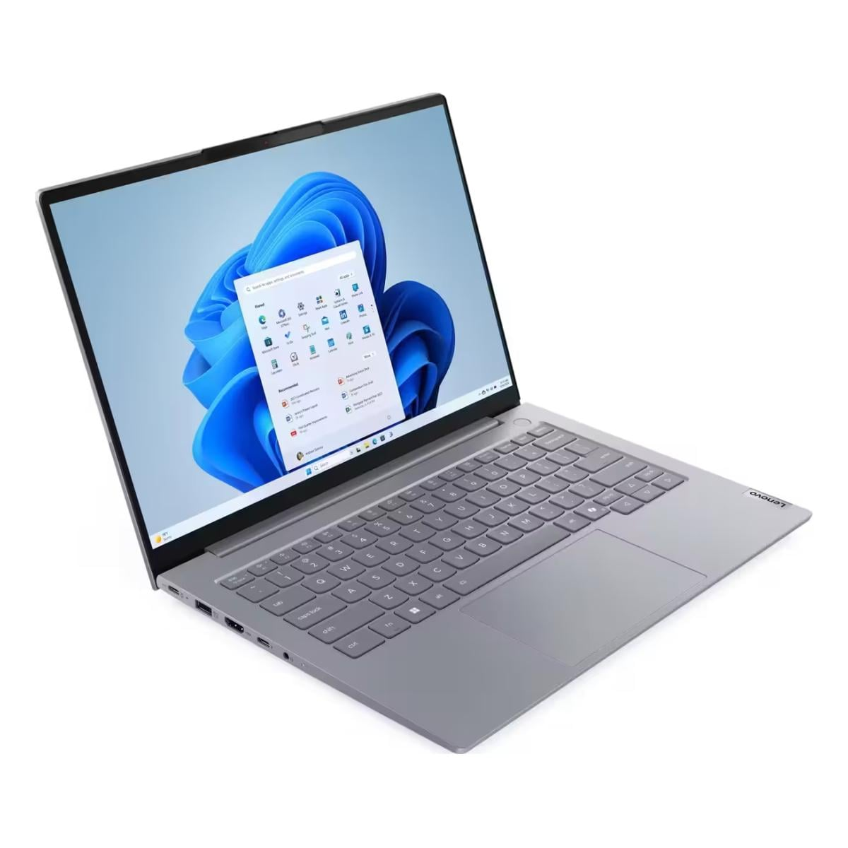 Ein silberner Laptop mit aufklappbarem Bildschirm zeigt das Windows-Startmenü vor einem blauen Hintergrund.