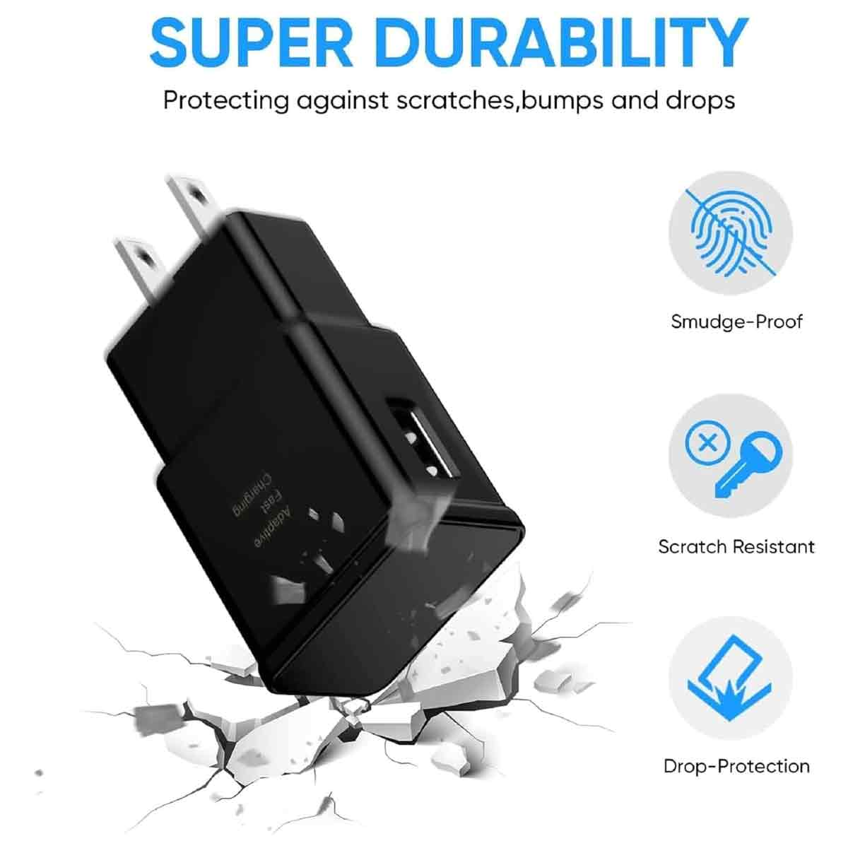 Werbung für ein schwarzes USB-Ladegerät mit Symbolen für Wischfestigkeit, Kratzfestigkeit und Fallschutz.