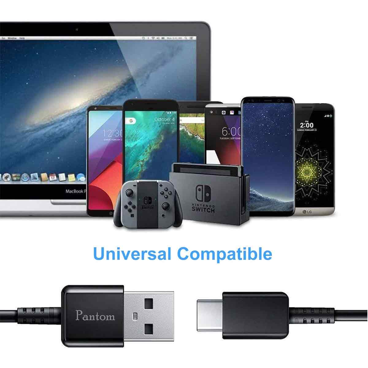 Verschiedene elektronische Geräte und ein Pantom USB-C-Kabel mit der Aufschrift Universell Kompatibel.