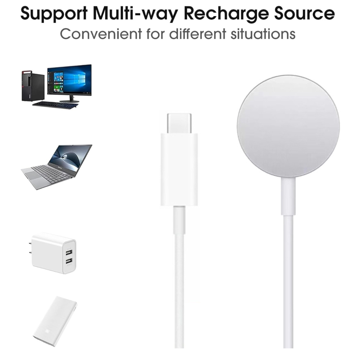 Verschiedene Ladequellen wie PC, Laptop und Steckdosenadapter mit einem weißen Ladekabel.