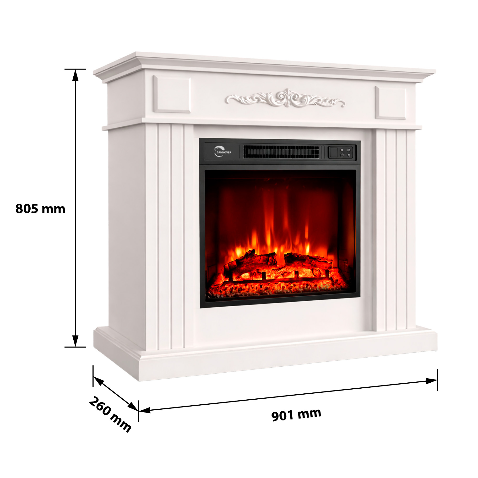 Camino elettrico bianco con effetto fiamma e dimensioni: 805x901x260 mm.