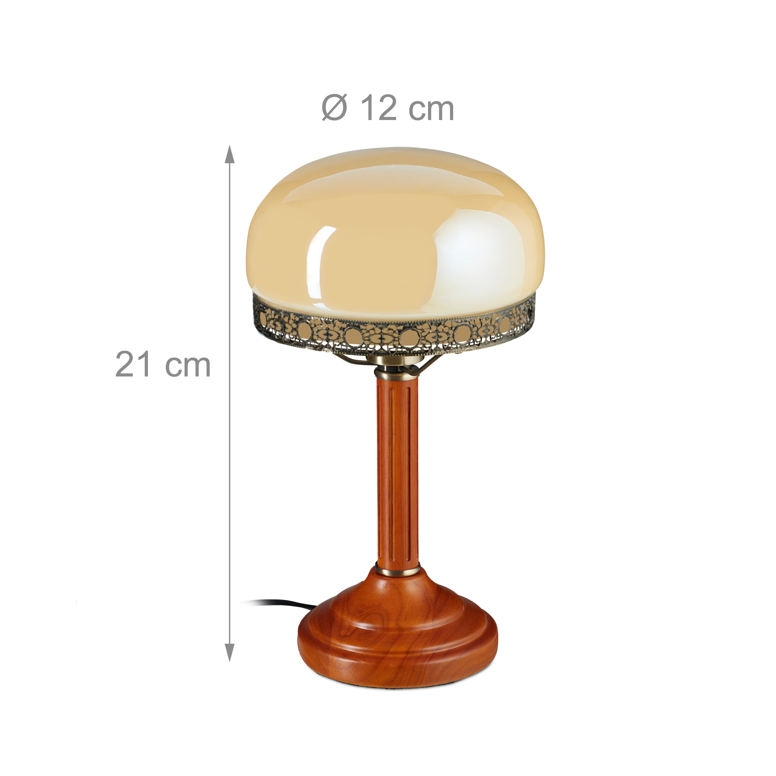 Eine Vintage-Tischlampe mit Holzständer und gewölbtem Glasschirm, Höhe 21 cm und Breite 12 cm.
