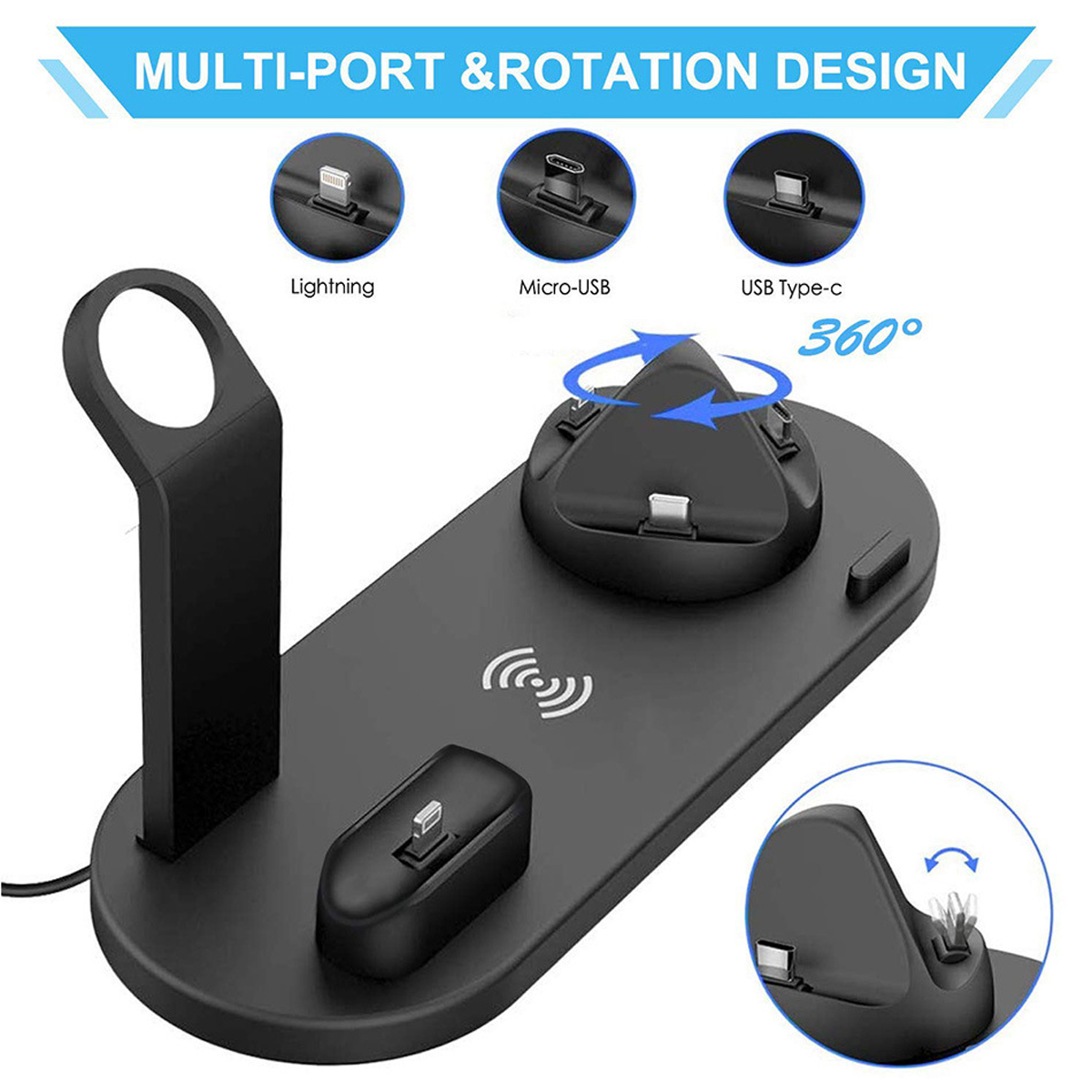 Schwarze Multi-Port-Ladestation mit 360-Grad-Drehung, Uhrhalter und Anschlüssen für Lightning, Micro-USB und USB-C.
