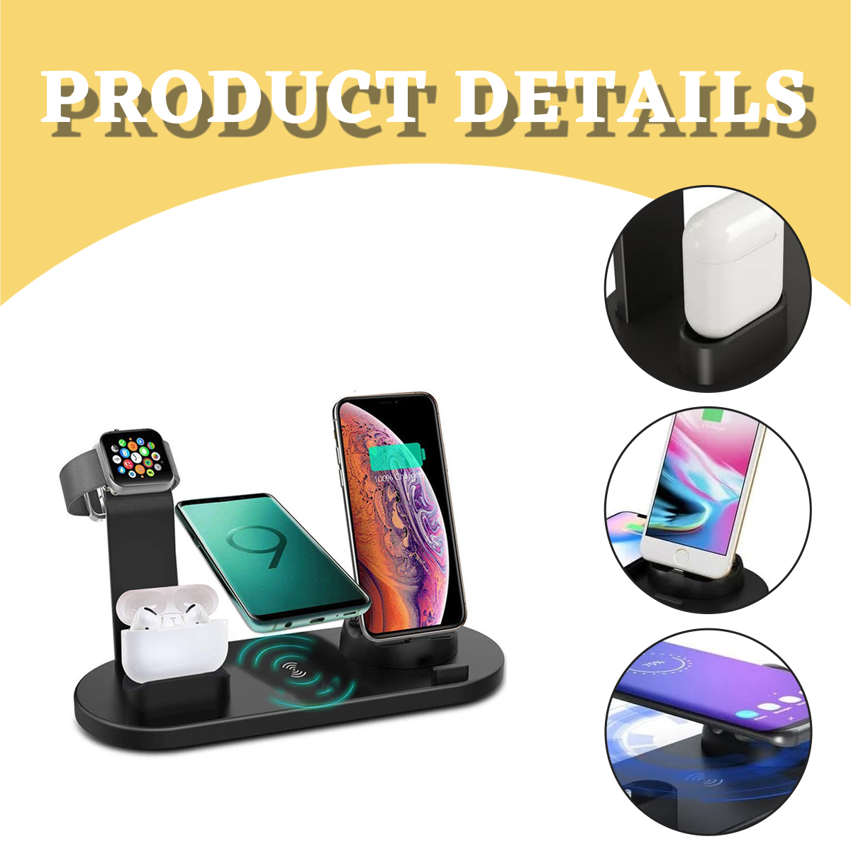 Schwarze 4-in-1-Ladestation mit Smartphone, Smartwatch und Ohrhörern.